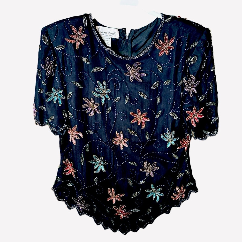 Laurence Kazar M Vintage 80s / 90s Floral Multicolor Sequined Beaded Silk Top